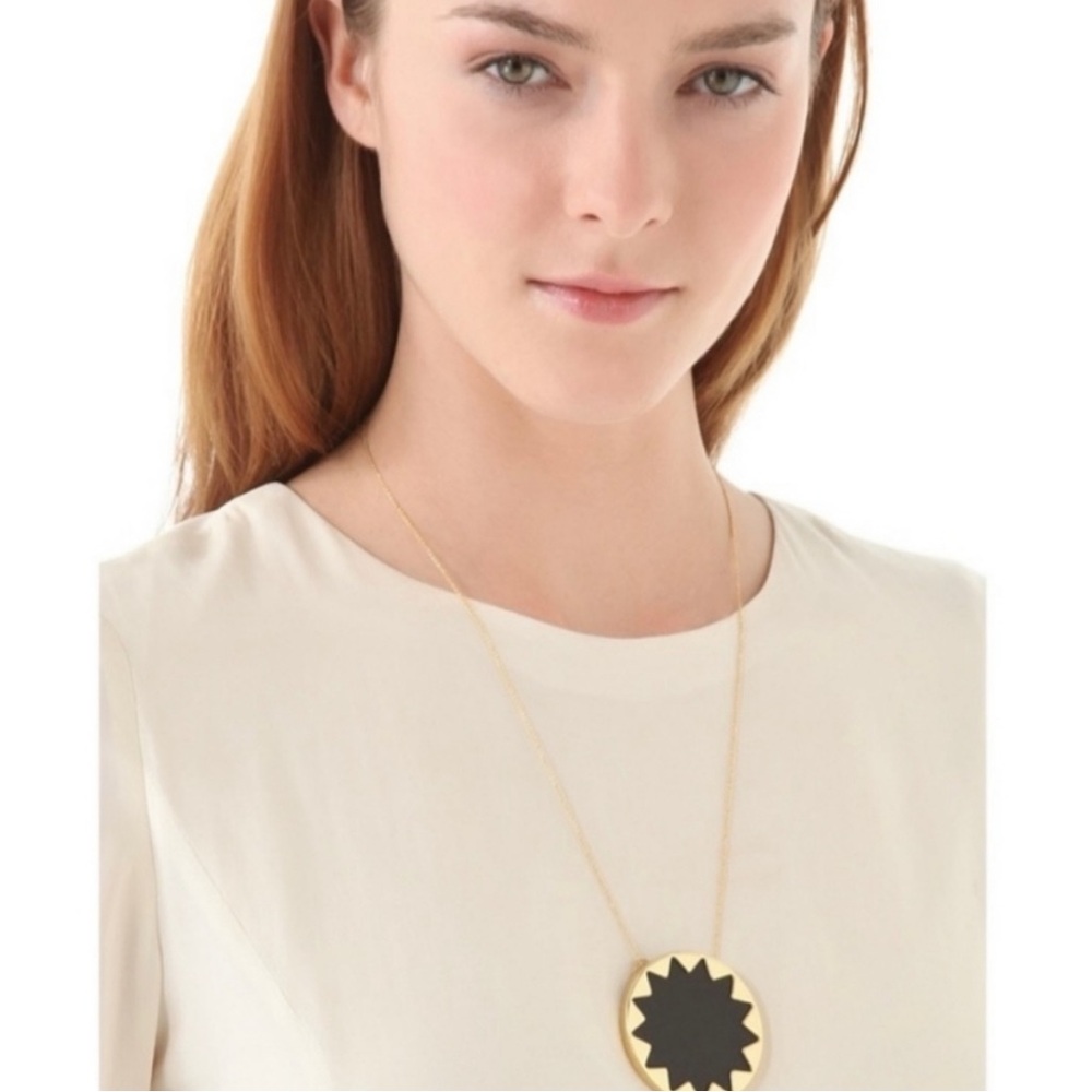 House of Harlow 1960 Black Leather Gold Large Sunburst Pendant Necklace 28”